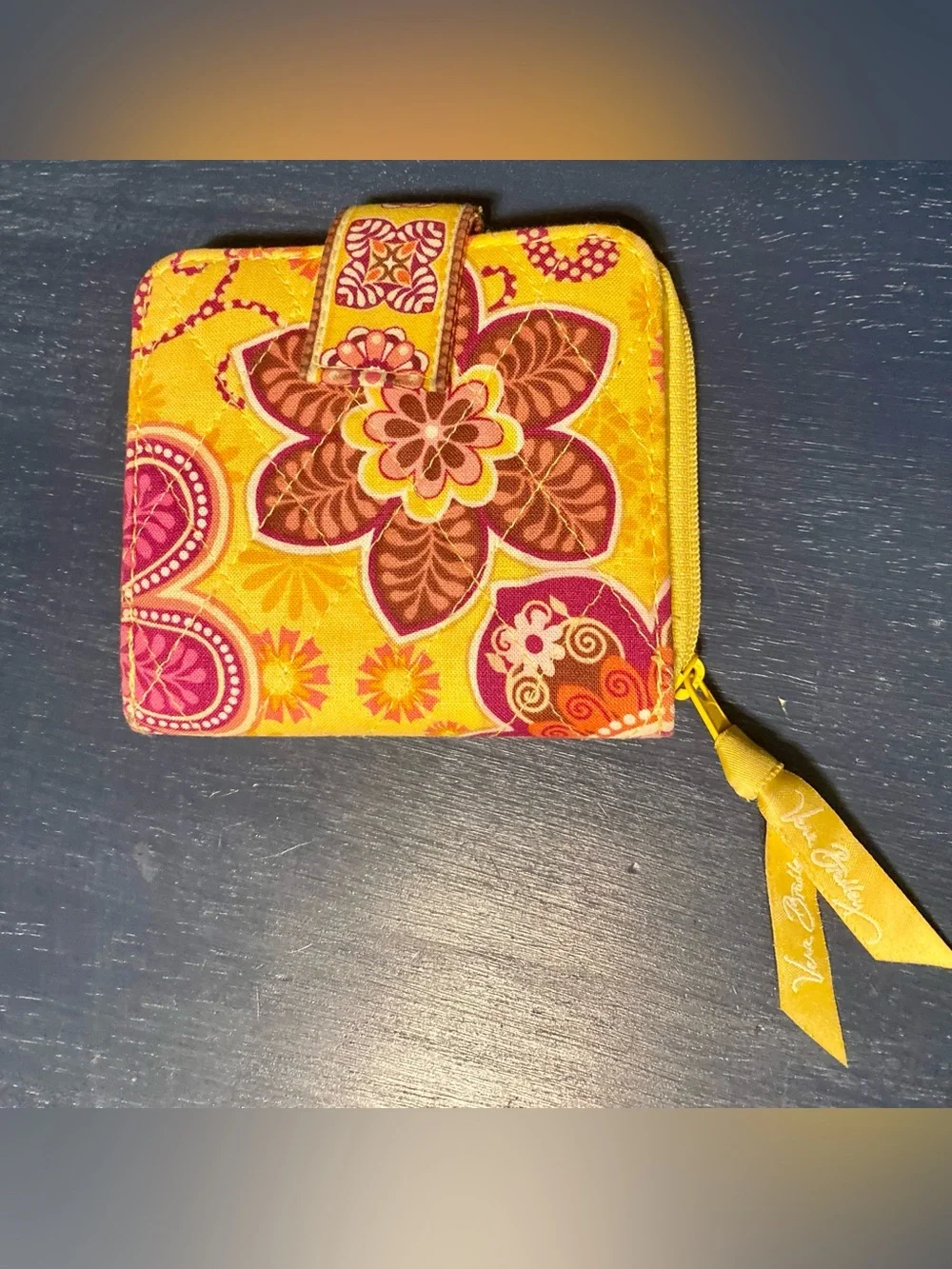 Vera Bradley Yellow Floral Zip Wallet - Women's Compact Card Holder - Picture 1 of 6